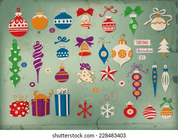 Christmas baubles. Hand - drawn collection of Christmas decoration - baubles with bows, stars, snowflakes, teardrops, bells and gifts on grunge background with old paper texture.