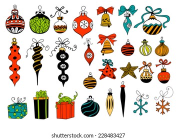 Christmas baubles. Hand - drawn collection of Christmas decoration - baubles with bows, stars, snowflakes, teardrops, bells and gifts over white background.