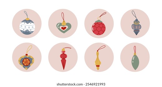Christmas baubles hand drawn Isolated vector stickers illustration. Christmas tree toy Glass for holiday poster, party sketch for New Year cards, greeting, holiday, invitation. Flat style.