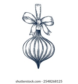Christmas baubles hand drawn Isolated vector illustration. Christmas tree toy Glass for holiday poster, party sketch for New Year cards, greeting, holiday, invitation. Engraving style.