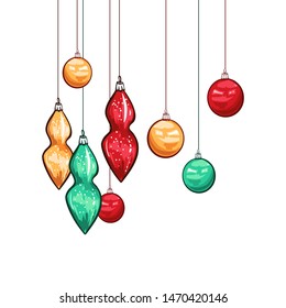 Christmas baubles hand drawn vector illustration. Colorful glass balls hanging on threads, traditional decorative toys. Winter season holiday celebration symbol. Xmas festive accessories, garland