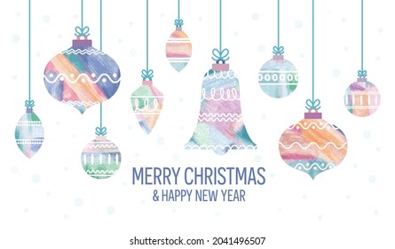 Christmas Baubles ilustración de la acuarela de vectores dibujada a mano, decoraciones navideñas modernas, folleto de tarjetas de felicitación de Año Nuevo