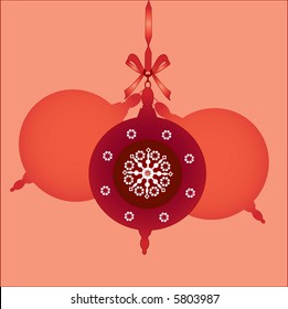 christmas baubles hanging from  bow and ribbon