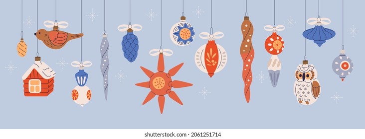 Christmas baubles hanging on strings. Xmas vintage balls and retro decor for New Year. Winter holiday background with festive ornaments. Newyear banner with toys. Colored flat vector illustration