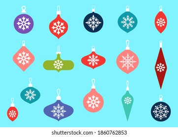 Christmas baubles hanging ornaments. Hand drawn Christmas ball illustration with greetings. Glass toys with snowflakes. Vector flat icons.