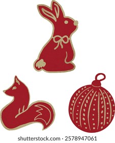 Christmas baubles, hare, fox, ball, red, gold, Christmas ornaments, Christmas Eve, Christmas toys, festive, decoration. Vector, set, collection. Watercolor, Vintage. Greeting design, invitat