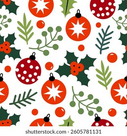 Christmas baubles and holly Seamless pattern background ideal for wrapping paper, fabric, textile etc.