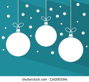 Christmas baubles with long shadow on blue background. Vector illustration.