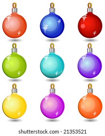 Christmas baubles, multicolor balls isolated on white, vector illustration