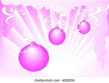 christmas baubles on pink-white background