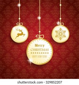 Christmas baubles on the red background with ornaments. Eps 10 vector file.