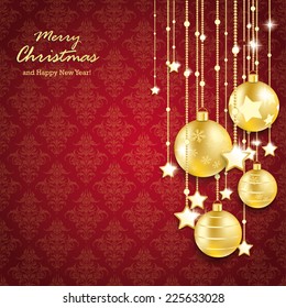 Christmas baubles on thered background with ornaments. Eps 10 vector file.