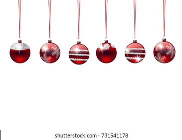 Christmas baubles on white background with space for text.