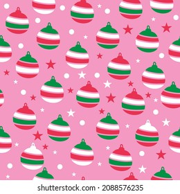 Christmas baubles pattern. cute cartoon on pink background. The seamless pattern in Christmas fashion. Beautiful design vector for fashion, wrapping paper, cards, wallpaper, fabric, background.