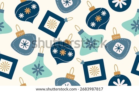 Christmas baubles pattern with trendy geometric ornament. Merry Christmas background for decorations, gift, greeting card, poster. Hand drawn blue, gold Xmas balls in flat style. Minimal vector illust