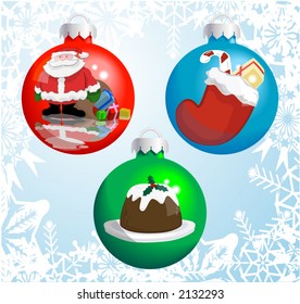 Christmas baubles with pictures of  Santa Claus, Christmas stocking, and Christmas pudding reflected or painted on them! Shading by blends, no meshes used.