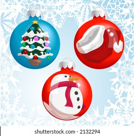 Christmas baubles with pictures of a Santa hat, snowman, and Christmas tree reflected or painted on them! Shading by blends, no meshes used.