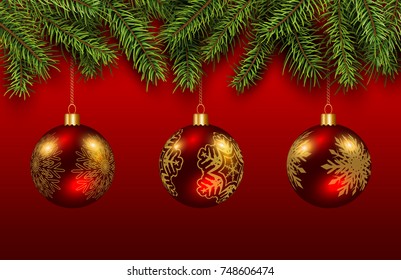 Christmas baubles red and gold with green pine tree, elegant vector Christmas background