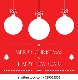 Christmas baubles red greeting card. Vector illustration background