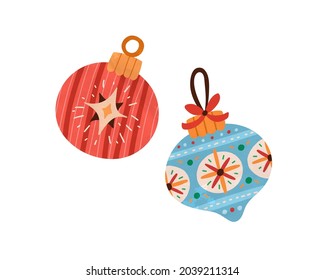 Christmas baubles in retro style. Xmas holiday balls for decoration. Vintage design of festive painted ornaments for New Year. Winter sphere toy. Flat vector illustration isolated on white background