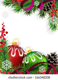 Christmas baubles with ribbon and fir tree branches on white background