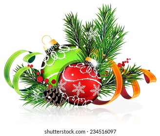 Christmas baubles with ribbon and fir tree branches on white background