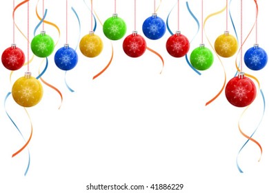 Christmas baubles with ribbons isolated on white