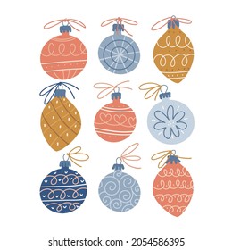 Christmas baubles in the Scandinavian style. Set of hand drawn xmas baubles. Decoration isolated elements. Doodles flat vector illustration. Winter decorative elements.