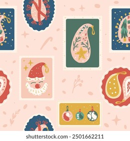 Christmas baubles seamless pattern. Bento box Xmas balls repeat background. New Year retro stamps endless design. Vector hand drawn flat illustration.