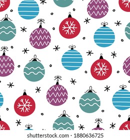 Christmas baubles seamless pattern. Cartoon winter texture. Great for printing, packaging. Vector illustration.