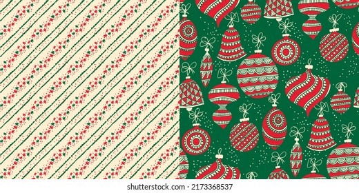 Christmas baubles seamless pattern. Classic Xmas red and green ornaments rapport. Vector Christmas rapport or motif for print, textile, fabric, sublimation, wrap, wrapping paper, web and print.