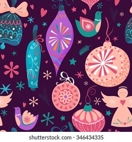 Christmas Baubles Seamless Pattern.  Hand drawn Christmas Holiday design for greeting cards, calendars, wrapping paper, prints, invitations.