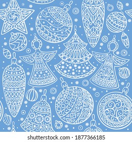 Christmas baubles seamless. Christmas toys seamless pattern on blue background .