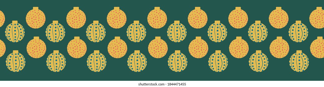 Christmas baubles seamless vector horizontal border print. Surface design for embellishing fabric, stationery, greeting cards, gift bags, and posters. Can be used as striped pattern.