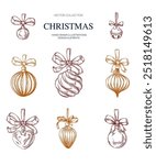 Christmas baubles set hand drawn Isolated vector illustration. Christmas tree toy Glass for holiday poster, party sketch for New Year cards, greeting, holiday, invitation. Engraving style collection.