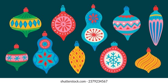 Christmas baubles set - hand drawn style. Vintage Vector illustration.