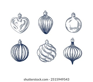 Christmas baubles set hand drawn Isolated vector illustration. Christmas tree toy Glass for holiday poster, party sketch for New Year cards, greeting, holiday, invitation. Engraving style collection.