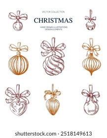 Christmas baubles set hand drawn Isolated vector illustration. Christmas tree toy Glass for holiday poster, party sketch for New Year cards, greeting, holiday, invitation. Engraving style collection.