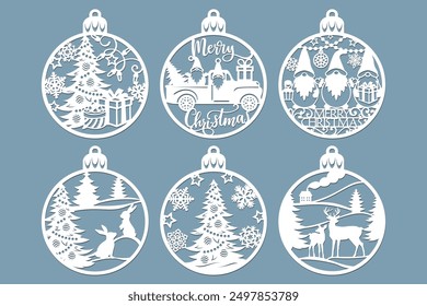 Christmas baubles set, laser cut Christmas tree decorations.