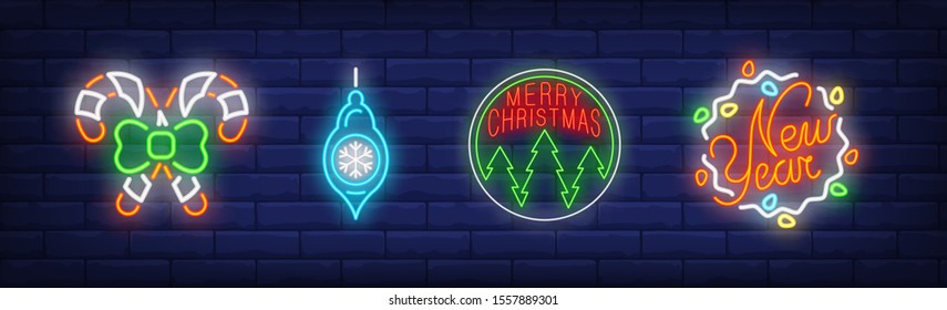 Christmas baubles set in neon style. Garland, candy cane, Christmas bauble. Night bright advertisement. Vector illustration in neon style for banner, billboard