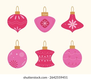 Christmas baubles set with trendy geometric ornament. Merry Christmas background for decorations, gift, greeting card, poster. Xmas balls in flat, minimalist, hand drawn, style. Isolated vector illust