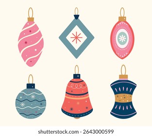 Christmas baubles set with trendy geometric ornament. Xmas balls in flat, minimalist, hand drawn, style. Merry Christmas background for decorations, gift, greeting card, poster. Isolated vector illust
