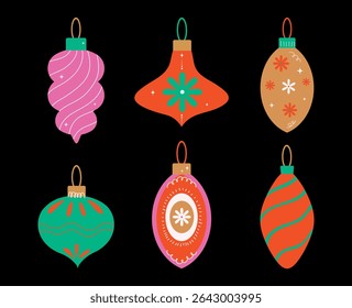 Christmas baubles set with trendy geometric ornament. Xmas balls in flat, minimalist, hand drawn, style. Merry Christmas background for decorations, gift, greeting card, poster. Isolated vector illust