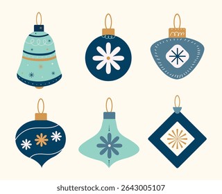 Christmas baubles set with trendy geometric ornament. Xmas balls in flat, minimalist, hand drawn, style. Merry Christmas background for decorations, gift, greeting card, poster. Isolated vector illust