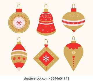 Christmas baubles set with trendy geometric ornament. Xmas balls in flat, minimalist, style. Merry Christmas background for decorations, gift, greeting card, poster. Hand drawn isolated vector illustr