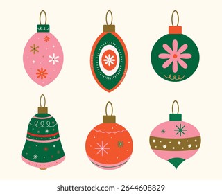 Christmas baubles set with trendy geometric ornament. Xmas balls in flat, minimalist, hand drawn, style. Merry Christmas background for decorations, gift, greeting card, poster. Isolated vector illust