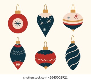 Christmas baubles set with trendy geometric ornament. Merry Christmas background for decorations, gift, greeting card, poster. Xmas balls in flat, minimalist, hand drawn, style. Isolated vector illust