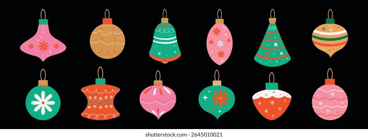 Christmas baubles set with trendy geometric ornament. Xmas balls in flat, minimalist style. Merry Christmas background for decorations, gift, greeting card, poster. Hand drawn Isolated vector illust