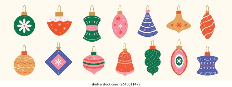 Christmas baubles set with trendy geometric ornament. Merry Christmas background for decorations, gift, greeting card, poster. Xmas balls in flat, minimalist, hand drawn, style. Isolated vector illust