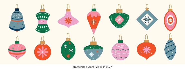 Christmas baubles set with trendy geometric ornament. Hand drawn Xmas balls in flat, minimalist, style. Merry Christmas background for decorations, gift, poster, greeting card. Isolated vector illustr